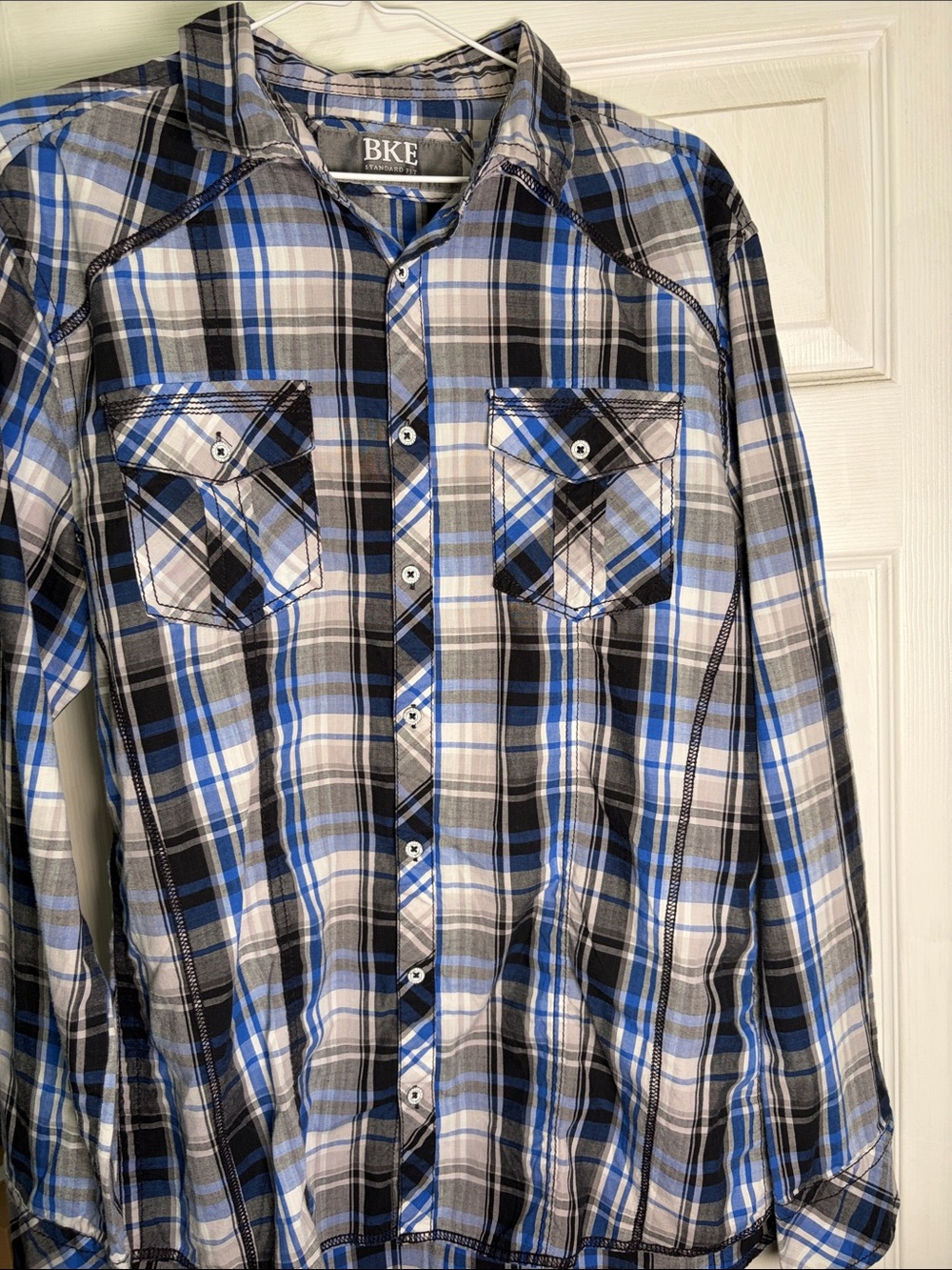 BKE Men's Blue Black White Plaid Button-Down Shirt - Casual Long Sleeve